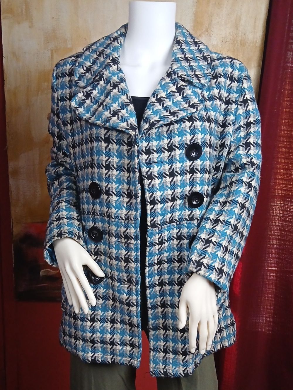 Vintage Rue21 Women’s Wool Blend Houndstooth Pea Coat Jacket Size Small
